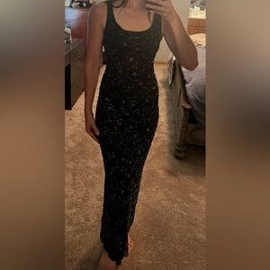 Cache 90’s Black Beaded Semi Sheer Low Back Gown